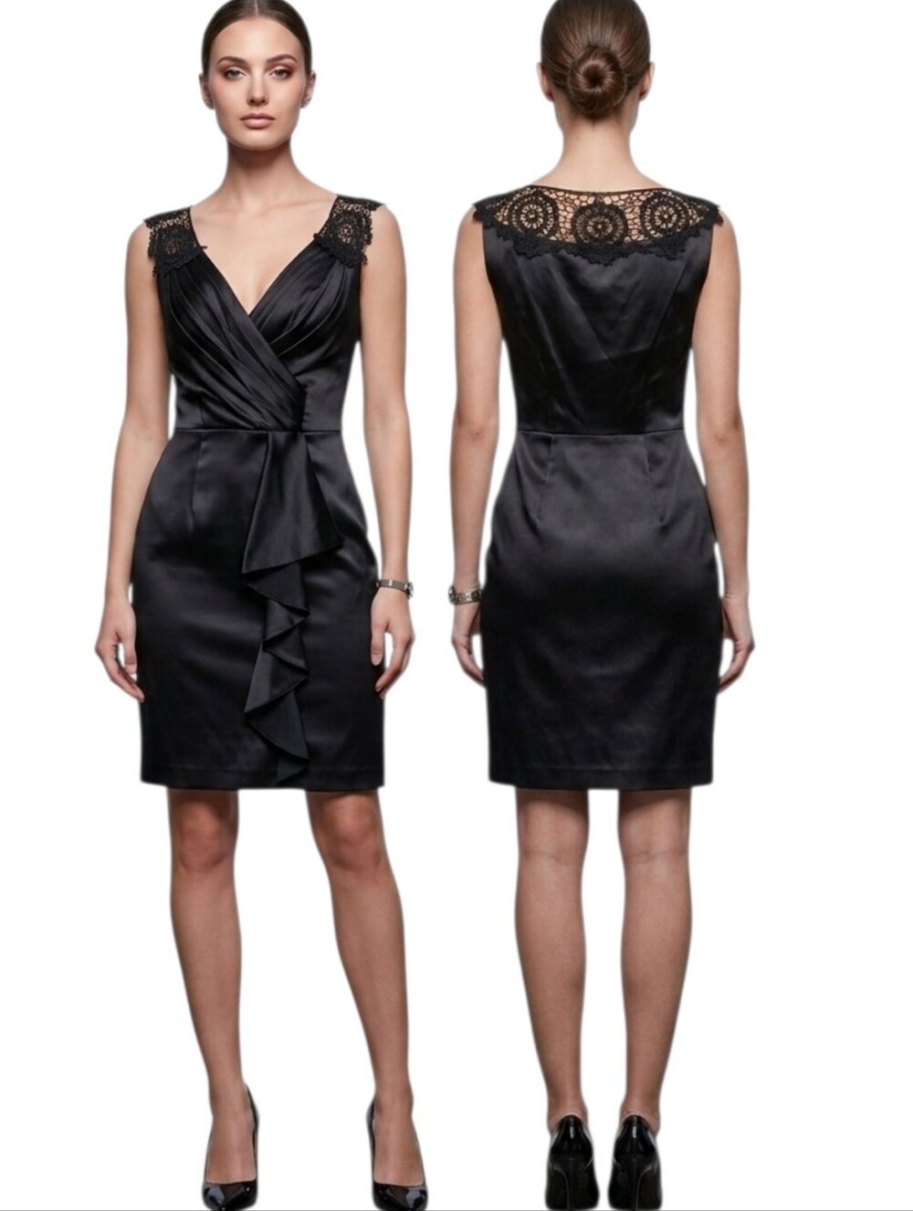 CENIA Black Satin Lace Cocktail Dress - Size 8